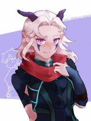 Rule 34 | 1boy, 1girl, closed mouth, facial mark, fewer digits, highres, hizura (zura), horns, long hair, looking at viewer, pointy ears, purple eyes, rayla (the dragon prince), simple background, smile, the dragon prince
