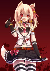 Rule 34 | 1girl, :d, animal ears, bell, belt, black bra, blood, blood on clothes, blood on face, blood splatter, bow, bra, brown hair, chiri (atlanta), empty eyes, fang, fingerless gloves, fox ears, fox tail, gloves, highres, lingerie, long hair, looking at viewer, microphone, midriff, navel, necktie, open clothes, open mouth, original, pleated skirt, red background, red eyes, shaded face, skirt, skirt hold, smile, solo, striped clothes, striped thighhighs, tail, ten&#039;inkou korin, thighhighs, underwear, yandere, zettai ryouiki