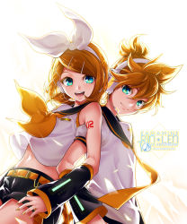 Rule 34 | 1boy, 1girl, :d, aqua eyes, back-to-back, backlighting, bare shoulders, belt, blonde hair, blue eyes, bow, brother and sister, cowboy shot, detached sleeves, hair bow, hair ornament, hairclip, headset, highres, kagamine len, kagamine rin, kitano tomotoshi, midriff, navel, necktie, open mouth, sailor collar, shorts, siblings, smile, twins, vocaloid