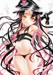 Rule 34 | 1girl, armband, bare shoulders, bikini, black bikini, black gloves, black hair, black hat, blush, breasts, closed mouth, cosplay, double bun, facial mark, fate/grand order, fate (series), fingerless gloves, forehead mark, gloves, hair bun, halterneck, hat, highres, long hair, looking at viewer, multicolored hair, navel, necktie, parted bangs, pink hair, pink neckwear, police hat, sesshouin kiara (swimsuit mooncancer) (cosplay), sessyoin kiara, sessyoin kiara (lily), sessyoin kiara (swimsuit mooncancer), sessyoin kiara (swimsuit mooncancer) (second ascension), small breasts, streaked hair, swimsuit, thighs, traffic baton, very long hair, yellow eyes, zasshu