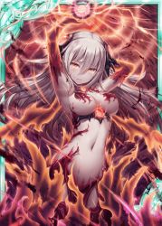 Rule 34 | 1girl, akkijin, armpits, arms up, bare shoulders, breasts, burning, calamity (shinkai no valkyrie), card (medium), cleavage, collarbone, crying, crying with eyes open, dark persona, energy ball, fire, glowing, glowing eyes, hair ornament, long hair, looking at viewer, medium breasts, official art, orange eyes, sad, shinkai no valkyrie, silver hair, storm, tears, torn clothes