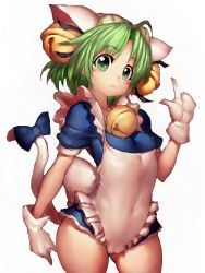 Rule 34 | 1girl, :3, animal hat, bell, neck bell, breasts, cat hat, collar, dejiko, di gi charat, covered erect nipples, fumio (rsqkr), green eyes, green hair, hat, matching hair/eyes, ribbon, simple background, small breasts, solo, tail, tail ornament, tail ribbon, white background