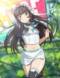 Rule 34 | 1girl, arm up, black thighhighs, blunt bangs, blurry, blurry background, brown eyes, brown hair, closed mouth, crop top, day, floating hair, ikkitousen, leg up, lens flare, long hair, looking at viewer, midriff, miniskirt, navel, outdoors, pencil skirt, shirt, short sleeves, side slit, skirt, smile, solo, standing, standing on one leg, stomach, ten&#039;i (ikkitousen), thighhighs, very long hair, white shirt, white skirt