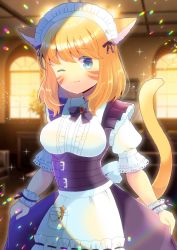 Rule 34 | 1girl, ;), animal ears, apron, black bow, black skirt, blonde hair, blue eyes, blurry, blurry background, blush, bow, breasts, cat ears, cat girl, cat tail, center frills, closed mouth, collared shirt, commentary request, commission, depth of field, facial mark, final fantasy, final fantasy xiv, frilled apron, frills, indoors, kou hiyoyo, medium breasts, miqo&#039;te, one eye closed, puffy short sleeves, puffy sleeves, shirt, short sleeves, skeb commission, skirt, smile, solo, tail, waist apron, warrior of light (ff14), whisker markings, white apron, white shirt, window, wrist cuffs