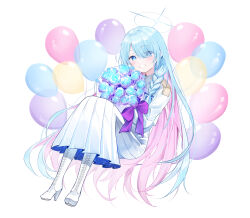 Rule 34 | 1girl, absurdres, balloon, blue archive, blue eyes, blue flower, blue hair, blue halo, blush, boots, bouquet, flower, full body, general student council president (blue archive), grin, halo, high heel boots, high heels, highres, holding, holding bouquet, jacket, knee boots, long hair, long sleeves, looking at viewer, pleated skirt, shan (ti0n), skirt, smile, solo, white footwear, white jacket, white skirt
