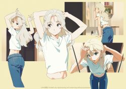Rule 34 | 1girl, arms up, ass, bathroom, blonde hair, brown eyes, closed mouth, denim, earrings, highres, jeans, jewelry, kamo kamen, leaning forward, legs, long hair, long legs, looking at mirror, looking at viewer, looking back, m (kamo kamen), midriff, mirror, multiple views, navel, open mouth, original, pants, parted bangs, plant, potted plant, ribbon, shirt, short sleeves, simple background, soap bottle, solo, stud earrings, t-shirt, teeth, waistband, white shirt, wooden floor, yellow background