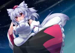Rule 34 | 1girl, animal ear fluff, animal ears, black skirt, blush, breasts, commentary request, cowboy shot, detached sleeves, frilled sleeves, frills, fuuren udon, grey hair, hair between eyes, hand in own hair, hat, inubashiri momiji, large breasts, looking at viewer, medium hair, multicolored clothes, multicolored skirt, open mouth, pom pom (clothes), red eyes, red hat, red skirt, ribbon-trimmed sleeves, ribbon trim, shirt, skirt, sky, sleeveless, sleeveless shirt, solo, star (sky), starry sky, tail, tokin hat, touhou, turtleneck, white shirt, white sleeves, wolf ears, wolf girl, wolf tail
