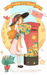 Rule 34 | 1girl, ankle socks, artist name, back bow, banner, black footwear, black hat, bouquet, bow, crescent moon, dated, dress, english text, envelope, floral print, flower, flower request, full body, guanmumu, hat, hat bow, heart, highres, holding, holding bouquet, leo (constellation), leo (zodiac), light blush, lion print, long hair, looking at viewer, mailbox (incoming mail), mary janes, medium dress, moon, open mouth, orange eyes, orange hair, orange ribbon, original, pleated dress, puffy short sleeves, puffy sleeves, red bow, red sash, ribbon, sash, shoes, short sleeves, socks, solo, sparkle, star (symbol), sun hat, sunflower, waist sash, wavy hair, white background, white dress, white socks, zodiac