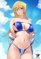 Rule 34 | 1girl, artist logo, bare shoulders, bikini, blonde hair, blue bikini, blue sky, breasts, cloud, collarbone, commentary, day, double vertical stripe, groin, hair between eyes, jacket, jacket partially removed, kaos art, large breasts, light blush, long hair, navel, off shoulder, open clothes, open jacket, outdoors, paid reward available, parted lips, patreon username, sky, smile, solo, stomach, strapless, strapless bikini, string bikini, swimsuit, tenjouin asuka, yellow eyes, yu-gi-oh!, yu-gi-oh! gx