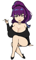 Rule 34 | agoppdki, agu (agoppdki), bare shoulders, breasts, chibi, cigarette, cleavage, colorized, huge breasts, jewelry, long hair, looking at viewer, mature female, maya motoko (agu), necklace, original, pearl necklace, ponytail, purple hair, red nails, smile, tagme, thighs, white background, yellow eyes