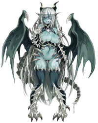 Rule 34 | 1girl, animal hands, bare shoulders, black legwear, blue eyes, blue skin, blush, breasts, bursting breasts, claws, cleavage, colored skin, deep skin, dragon, dragon girl, dragon horns, dragon tail, dragon wings, dragon zombie (monster girl encyclopedia), dripping, drooling, fins, full body, green skin, grey skin, half-closed eyes, head fins, heavy breathing, highres, horns, kenkou cross, large breasts, long hair, looking at viewer, midriff, monster girl, monster girl encyclopedia, monster girl encyclopedia ii, multicolored skin, navel, official art, open mouth, pointy ears, pussy juice, pussy juice trail, revealing clothes, sagging breasts, saliva, scales, simple background, smile, solo, tail, undead, very long hair, white background, white hair, wings, zombie, zombie girl