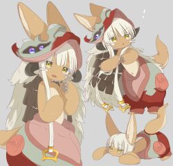 Rule 34 | !, 1other, :3, androgynous, animal ears, body fur, colored eyelashes, furry, grey background, hat, highres, horns, jitome, long hair, looking at viewer, looking to the side, made in abyss, multiple views, nanachi (made in abyss), on floor, open mouth, other focus, pants, pouch, puffy pants, rabbit ears, red hat, red pants, sidelocks, simple background, tail, uis0, whiskers, white hair, yellow eyes