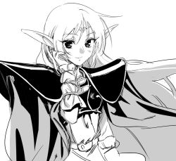 Rule 34 | 1girl, armor, belt, cape, deedlit, elf, floating hair, greyscale, hand in own hair, hand up, kawakami rokkaku, long hair, looking at viewer, monochrome, parted lips, pointy ears, record of lodoss war, shoulder armor, simple background, sketch, smile, solo, pauldrons, upper body, very long hair, white background