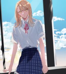 Rule 34 | 1girl, absurdres, blonde hair, cloud, collared shirt, commentary request, day, hair between eyes, highres, hirako daishougun, long hair, looking at viewer, neck ribbon, original, parted lips, plaid, plaid skirt, pleated skirt, red ribbon, ribbon, shirt, shirt tucked in, short sleeves, sitting, skirt, sky, solo, unmoving pattern, white shirt, yellow eyes