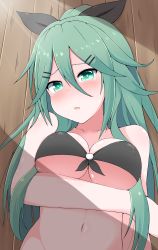Rule 34 | 1girl, absurdres, alternate costume, bikini, bikini top only, black bikini, breast hold, breasts, cleavage, collarbone, commentary request, crying, crying with eyes open, green eyes, green hair, hair between eyes, hair ornament, hair ribbon, hairclip, highres, kantai collection, long hair, looking at viewer, lying, medium breasts, navel, parted lips, ribbon, shade, solo, swimsuit, tears, wooden floor, yamakaze (kancolle), yuzutei