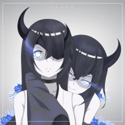 Rule 34 | 2girls, absurdres, abyssal ship, artist name, black hair, blue eyes, blue flower, blue spider lily, border, choker, collarbone, dark persona, demon girl, detached sleeves, expressionless, eyepatch, flower, glowing, glowing eyes, grey background, hair between eyes, highres, horns, hug, hug from behind, japanese clothes, kantai collection, kimono, long hair, looking at viewer, mechanical arms, multiple girls, night strait princess (black), night strait princess (white), nontraditional miko, okobo, sandals, shaded face, short hair, short kimono, single horn, single mechanical arm, smile, spider lily, yuuta0312