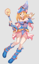 Rule 34 | 1girl, ;d, bare shoulders, blonde hair, blue dress, blue footwear, blue hat, blush stickers, breasts, cleavage, dark magician girl, dress, duel monster, full body, green eyes, hair between eyes, hat, highres, holding, holding staff, large breasts, long hair, looking at viewer, one eye closed, open mouth, pink skirt, skirt, smile, solo, staff, tomaton (t 0), wizard hat, yu-gi-oh!
