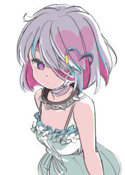 Rule 34 | 1girl, bandaged neck, bandages, bare shoulders, collar, colored inner hair, dohna dohna issho ni warui koto o shiyou, dress, expressionless, eyepatch, grey hair, hair ornament, heart, heart hair ornament, highres, multicolored hair, nnn-ollll, pink eyes, pink hair, porno (dohna dohna), short hair, simple background, sketch, sleeveless, sleeveless dress, solo, spiked collar, spikes, upper body, white background, white dress