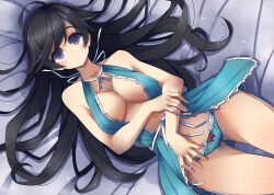 Rule 34 | 1girl, absurdres, ahoge, babydoll, bed sheet, black eyes, black hair, blue babydoll, bow, bow panties, breasts, closed mouth, commentary, from above, girls und panzer, halterneck, hand on own arm, highres, isuzu hana, lace, lace-trimmed babydoll, lace-trimmed panties, lace trim, lingerie, long hair, looking at viewer, lying, medium breasts, on back, on bed, panties, sattinittas, side-tie panties, solo, string panties, underwear