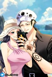 Rule 34 | 1boy, 1girl, arm tattoo, belt, black hair, black shirt, blue eyes, blush, breasts, cellphone, chest tattoo, closed mouth, couple, facial hair, finger tattoo, fur hat, goatee, hand on another&#039;s hip, hand tattoo, hat, hetero, highres, holding, holding phone, large breasts, led legendary, long hair, nico robin, one piece, outdoors, phone, selfie, shirt, short hair, smartphone, smile, tattoo, trafalgar law