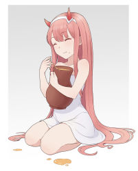 Rule 34 | 10s, 1girl, :t, ^ ^, bare shoulders, cheshirrr, closed eyes, darling in the franxx, dress, eating, gradient background, grey background, hairband, highres, honey, horns, long hair, pink hair, red horns, sitting, solo, wariza, white dress, white hairband, zero two (darling in the franxx)