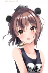 Rule 34 | 1girl, absurdres, black one-piece swimsuit, brown eyes, brown hair, commentary request, hair between eyes, headgear, headset, highres, kantai collection, name tag, numarinko, one-piece swimsuit, school swimsuit, short hair, simple background, solo, speaking tube headset, swimsuit, teeth, twitter username, upper body, upper teeth only, white background, yukikaze (kancolle)