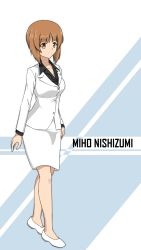Rule 34 | 10s, 1girl, black shirt, breasts, brown eyes, brown hair, character name, cleavage, dconan owo, formal, full body, girls und panzer, highres, jacket, long hair, medium breasts, nishizumi miho, pencil skirt, shirt, shoes, skirt, skirt suit, solo, standing, suit, white footwear, white jacket, white skirt