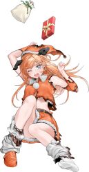 Rule 34 | 1girl, blue eyes, breasts, christmas, dress, fur-trimmed dress, fur-trimmed headwear, fur-trimmed skirt, fur trim, gift, gloves, hat, headgear, kantai collection, kiddy (c2 kikan), long hair, looking at viewer, medium breasts, one eye closed, orange hair, orange hat, orange skirt, salmon (kancolle), santa costume, santa dress, santa gloves, santa hat, skirt, solo, tears, torn clothes, transparent background