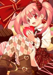 Rule 34 | 1girl, :d, argyle, argyle clothes, argyle legwear, blush, boots, bow, buckle, child, chocolate, cookie, dress, food, hair bow, heart, inou shin, long sleeves, non-web source, open mouth, original, patterned legwear, pink eyes, pink hair, plaid, plaid bow, plaid dress, plaid skirt, print thighhighs, ribbon, skirt, smile, solo, thighhighs, twintails, valentine