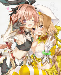 Rule 34 | 1boy, 1girl, animal ears, armor, astolfo (fate), astolfo (saber) (fate), bare shoulders, belt, beret, bikini, bikini top only, black bow, black gloves, black neckwear, black ribbon, black shirt, black skirt, blonde hair, blue eyes, blush, bow, bowtie, bracelet, braid, breasts, buttons, cleavage, collar, cropped shirt, dog ears, fang, fate/apocrypha, fate/grand order, fate (series), faulds, gloves, hair between eyes, hair bow, hair intakes, hair ribbon, hat, heart, highres, jeanne d&#039;arc (april magical) (fate), jeanne d&#039;arc (fate), jeanne d&#039;arc (ruler) (fate), jewelry, large breasts, long hair, long sleeves, looking at viewer, low twintails, midriff, multicolored hair, navel, one eye closed, open mouth, pink hair, pleated skirt, purple eyes, ribbon, shino (eefy), shirt, skirt, smile, streaked hair, striped clothes, striped legwear, striped thighhighs, swimsuit, thighhighs, thighs, trap, twintails, white bikini, white gloves, white hair, white headwear, wide sleeves, wing collar, yellow legwear