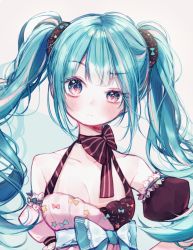 Rule 34 | 1girl, alternate costume, arms at sides, bare shoulders, black ribbon, blue eyes, blue hair, blue ribbon, blush, curly hair, detached sleeves, dress, expressionless, eyelashes, grey background, hair between eyes, half-closed eyes, hatsune miku, head tilt, highres, long hair, multicolored eyes, multicolored hair, nare (17 junana), neck ribbon, orange eyes, orange ribbon, pink eyes, pink hair, pink ribbon, print ribbon, ribbon, simple background, sleeveless, sleeveless dress, solo, sparkling eyes, twintails, two-tone hair, upper body, v-shaped eyebrows, very long hair, vocaloid