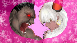 Rule 34 | 2boys, absurdres, asha, asterios (fate), black hair, black sclera, border, closed mouth, colored sclera, commentary request, earrings, fate/grand order, fate (series), feathers, hair between eyes, hair slicked back, heart, heart border, heracles (fate), highres, hoop earrings, horns, jewelry, long bangs, long hair, looking at another, male focus, multiple boys, no pupils, open mouth, orange horns, pink background, pink border, profile, red sclera, shouting, tan, teeth, white hair, yellow eyes