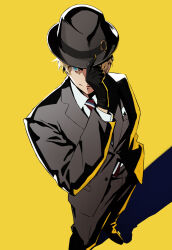 Rule 34 | 1boy, absurdres, black footwear, black gloves, blonde hair, blue eyes, collared shirt, fedora, foot out of frame, formal, gloves, grey hat, grey jacket, grey pants, grey suit, hand on headwear, hat, highres, holostars, jacket, kishido temma, looking at viewer, male focus, necktie, official alternate costume, one eye covered, pants, red necktie, saku (sakudeji), shadow, shirt, short hair, simple background, smile, standing, striped necktie, suit, virtual youtuber, white shirt, yellow background