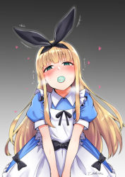 Rule 34 | 1girl, apron, black bow, blonde hair, blue dress, blush, bow, condom, condom in mouth, dress, gradient background, green eyes, hair bow, hair ribbon, hairband, heart, heavy breathing, in heat, long hair, looking at viewer, mononobe alice, mononobe alice (1st costume), mouth hold, nijisanji, puffy short sleeves, puffy sleeves, ribbon, sekino takehiro, short sleeves, signature, smile, solo, very long hair, virtual youtuber