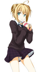 1girl ahoge alternate_costume black_necktie blonde_hair blush brown_sweater collared_shirt commentary_request contemporary cowboy_shot crepe double_bun eating eyes_visible_through_hair food frilled_skirt frills green_eyes green_necktie hair_between_eyes hair_bun holding holding_food kathryne_keyron kuroma_(no_plan) layered_clothes long_sleeves looking_at_viewer necktie plaid_clothes plaid_skirt purple_skirt ragnarok_online shirt short_hair sidelocks simple_background skirt solo standing striped_necktie striped_neckwear sweater white_background white_shirt wing_collar