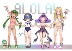 Rule 34 | 4girls, :3, acerola (pokemon), arm grab, arm up, bare legs, bikini, blonde hair, blue eyes, blue hair, blue sailor collar, blush, breasts, child, closed mouth, covered navel, creatures (company), dress, eating, elite four, feet, flat chest, flip-flops, flower, fomantis, food, game freak, gen 7 pokemon, gluteal fold, green eyes, green hair, hair flower, hair ornament, hairband, holding hands, interlocked fingers, lana (pokemon), legs, long hair, looking at viewer, low twintails, mallow (pokemon), matanonki, midriff, mimikyu, mina (pokemon), multiple girls, navel, nintendo, one-piece swimsuit, onigiri, open mouth, outstretched arm, pokemon, pokemon (creature), pokemon sm, purple hair, ribombee, sailor collar, sandals, school swimsuit, shirt, shoes, short hair, sidelocks, simple background, slippers, small breasts, smile, standing, swimsuit, thigh gap, toes, trial captain, twintails, white background, wishiwashi, wishiwashi (solo)