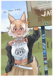 Rule 34 | 1girl, absurdres, beige skirt, black jacket, choker, commentary, cowboy shot, coyote (kemono friends), wolf ears, wolf tail, elbow gloves, english text, extra ears, gloves, highres, jacket, kemono friends, kemono friends v project, light brown hair, long sleeves, looking at viewer, midriff, multicolored hair, official alternate costume, orange gloves, pleated skirt, shirt, short hair, skirt, sleeveless, solo, spaghetti strap, sweatdrop, toriny, virtual youtuber, white choker, white hair, white shirt, yellow eyes