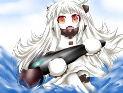 Rule 34 | 10s, 1girl, abyssal ship, colored skin, dress, hockey, holding, horns, i-class destroyer, kantai collection, long hair, looking at viewer, mittens, northern ocean princess, ocean, open mouth, orange eyes, ouno (nounai disintegration), solo focus, white dress, white hair, white skin