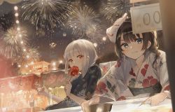 Rule 34 | 2girls, absurdres, aerial fireworks, blue eyes, braid, brown hair, candy apple, fireworks, floral print, food, food stand, fox mask, goldfish scooping, highres, japanese clothes, kimono, lantern, leaf print, mask, mask on head, multiple girls, night, night sky, original, outdoors, oyuyu, poi (goldfish scoop), red eyes, short hair, sky, summer festival, tongue, tongue out, white hair, yukata