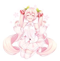 Rule 34 | 1girl, absurdres, bare shoulders, cherry blossoms, closed eyes, commentary, detached sleeves, facing viewer, full body, hair ornament, hands up, hatsune miku, headphones, headset, highres, kneeling, long hair, masumofu, necktie, open mouth, pink hair, pink necktie, pink skirt, pink sleeves, pink thighhighs, sakura miku, shirt, skirt, sleeveless, sleeveless shirt, smile, solo, thighhighs, twintails, very long hair, vocaloid, white background, white shirt, zettai ryouiki