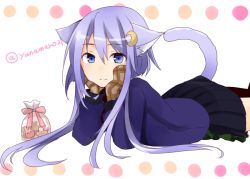 Rule 34 | 10s, 1girl, animal ears, black skirt, blue eyes, blush, brown gloves, cat ears, cat tail, crescent, crescent hair ornament, gloves, hair ornament, kantai collection, long hair, long sleeves, looking at viewer, lying, mittens, on stomach, pleated skirt, purple hair, short hair with long locks, skirt, smile, solo, tail, twitter username, yayoi (kancolle), yuna (yukiyuna)