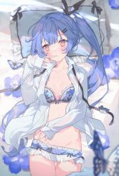 Rule 34 | 1girl, bed sheet, black ribbon, blue bra, blue flower, blue hair, bra, breasts, collarbone, cona kinaco, flower, groin, hand up, highres, lingerie, long hair, long sleeves, looking away, lying, medium breasts, neck ribbon, on back, open clothes, open shirt, original, pillow, red eyes, ribbon, shirt, side ponytail, solo, stomach, underwear, very long hair, white shirt