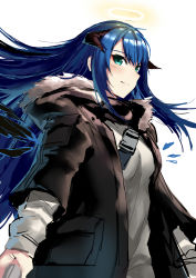 Rule 34 | 1girl, absurdres, aqua eyes, arknights, black coat, blue hair, blush, breasts, closed mouth, coat, commentary, cowboy shot, demon horns, detached wings, english commentary, floating hair, fur-trimmed hood, fur trim, grey shirt, hair between eyes, halo, highres, hood, hooded coat, horns, long hair, looking at viewer, medium breasts, molyb, mostima (arknights), shirt, simple background, smile, solo, wings