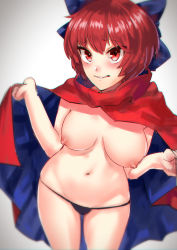 Rule 34 | 1girl, black panties, blue bow, blue cape, blush, bow, breasts, cape, grin, hair bow, highres, hihiyama yokikana, looking at viewer, medium breasts, navel, nipples, panties, red cape, red eyes, red hair, sekibanki, short hair, smile, solo, topless, touhou, underwear