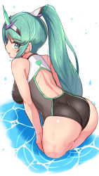 Rule 34 | 1girl, ass, bare shoulders, blush, breasts, competition swimsuit, cougar (cougar1404), from above, from behind, green eyes, green hair, headgear, highres, horn, large breasts, leaning, leaning forward, long hair, looking at viewer, looking back, one-piece swimsuit, open mouth, pneuma (xenoblade), ponytail, shiny clothes, shiny skin, sideboob, solo, swept bangs, swimsuit, thick thighs, thighs, very long hair, water, wet, wet clothes, wet hair, xenoblade chronicles (series), xenoblade chronicles 2