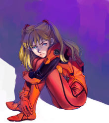 Rule 34 | &gt;:(, 1girl, angry, aqua eyes, blonde hair, blue eyes, bodysuit, brown hair, crossed arms, from side, frown, full body, gloves, hair ornament, hugging own legs, lips, long hair, looking at viewer, neon genesis evangelion, plugsuit, realistic, red hair, shade, shadow, sitting, solo, souryuu asuka langley, two side up, v-shaped eyebrows