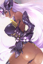 Rule 34 | 1girl, akinaie, ass, bare shoulders, black leotard, black thighhighs, breasts, covered erect nipples, curvy, dark-skinned female, dark skin, elbow gloves, female focus, from behind, gloves, glowing, headgear, huge ass, large breasts, leotard, light purple hair, lips, long hair, looking at viewer, looking back, nintendo, parted lips, partially visible vulva, shiny clothes, shiny skin, smile, solo, standing, t-elos, teeth, thighhighs, xenoblade chronicles (series), xenoblade chronicles 2, xenosaga, xenosaga episode iii