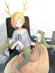 Rule 34 | 1girl, animal ears, antlers, aqua shirt, blanket, blue skirt, blurry, blurry background, blush, chair, collarbone, commentary request, dragon girl, dragon horns, dragon tail, eyelashes, fingernails, flat chest, highres, horns, kachuten, kicchou yachie, light blush, open mouth, otter ears, otter spirit (touhou), otter tail, parted lips, pleated skirt, scales, shirt, short hair, sitting, skirt, sleeping, solo, table, tail, touhou, turtle shell, whiskers