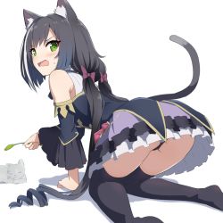 Rule 34 | 1girl, animal ear fluff, animal ears, ass, bare shoulders, black hair, black panties, black sleeves, black thighhighs, blue sleeves, blush, bow, cat ears, cat girl, cat tail, commentary request, detached sleeves, fang, from behind, gotyou, green eyes, hair bow, highres, karyl (princess connect!), long hair, long sleeves, looking at viewer, looking back, low twintails, multicolored hair, open mouth, panties, princess connect!, purple skirt, skirt, solo, streaked hair, tail, thighhighs, twintails, underwear, very long hair, white background, white hair