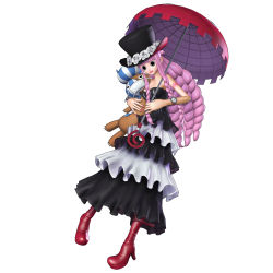 Rule 34 | 1girl, 3d, absurdres, bare shoulders, bat (symbol), boots, dress, female focus, flying, full body, hat, highres, kumacy, lipstick, long hair, makeup, official art, one piece, one piece: pirate warriors, parasol, perona, pink hair, red footwear, red lips, sabaody archipelago, shoes, simple background, solo, stuffed animal, stuffed toy, tattoo, top hat, umbrella, very long hair, watch, white background, wristwatch